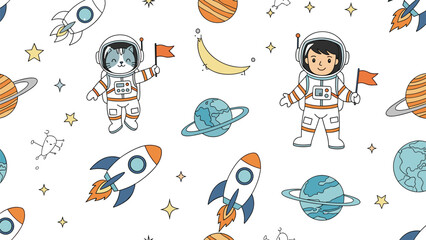 Fototapeta premium Seamless space pattern with cute astronauts, colorful planets, rockets, and stars designed for children and astronomical themes.