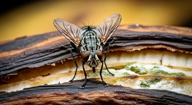 Macro Close up of a Common Housefly on Rotting Wood