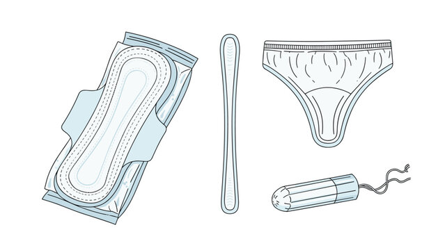 Essential feminine hygiene products including a sanitary pad, panty liner, and tampon shown alongside women's underwear garments.
