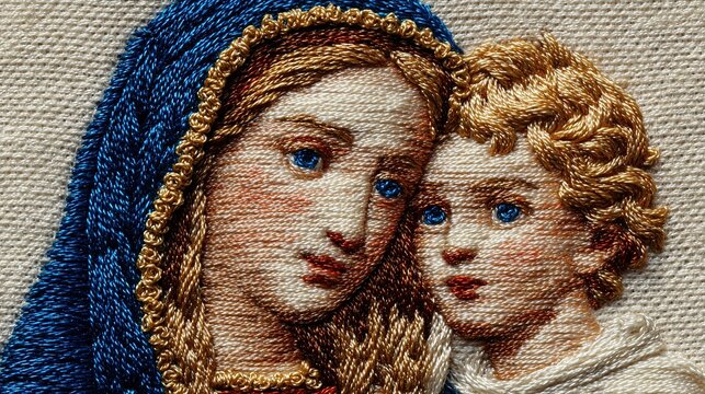 Icono bordado de la Virgen Mar&iacute;a y el Ni&ntilde;o Jes&uacute;s en t&eacute;cnica tradicional con detalle macro sobre tela blanca impecable
