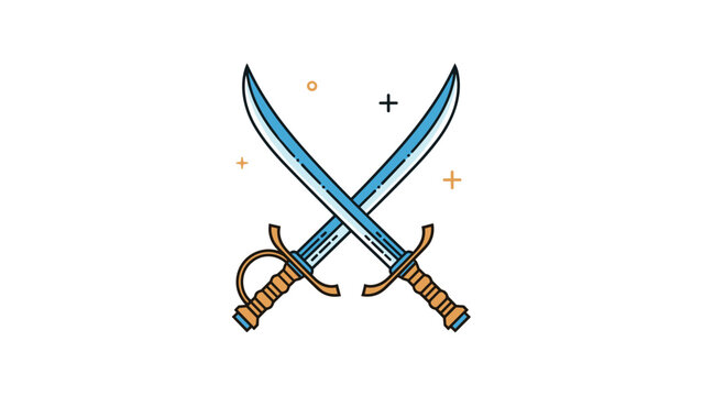 Two classic scimitar swords with curved steel blades crossed in a symmetrical display with decorative star and cross icons.