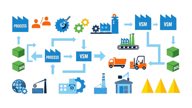 Value Stream Mapping VSM Icon Set, Lean Manufacturing Process Symbols, Colorful Vector Icons for Supply Chain Logistics and Industrial Data Flow Map