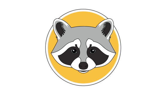 Detailed portrait of a raccoon head with its characteristic black mask inside a yellow circular frame on a plain background.