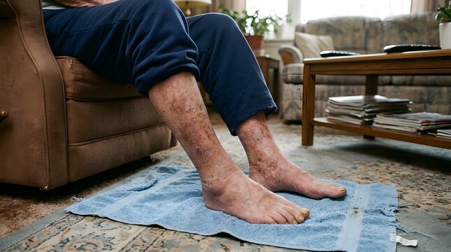Elderly man with swollen legs and varicose veins sitting at home, medical condition affecting circulation, healthcare awareness, chronic edema and vascular issues, senior health and mobility concerns