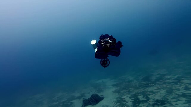 Underwater cinematic medium close technical rebreather diver using diver propulsion vehicle DPV and powerful video light exploring mysterious dark blue marine trench in overcast winter Mediterran