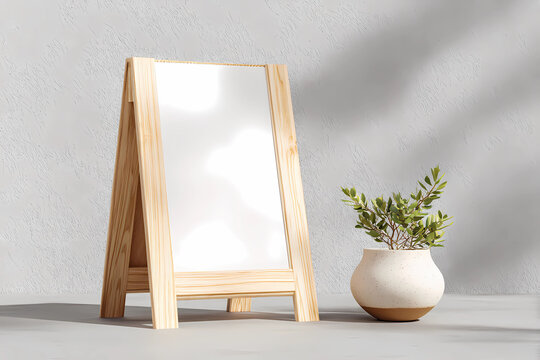 A small potted plant sits beside a wooden easel with a blank white board on a gray surface