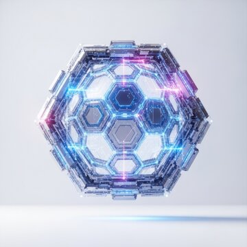 Hexagonal metallic sphere with glowing blue and pink neon light lines