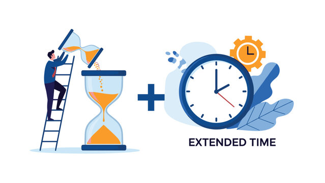 Time management and deadline extension concept with a businessman adding sand to an hourglass and a large circular clock.