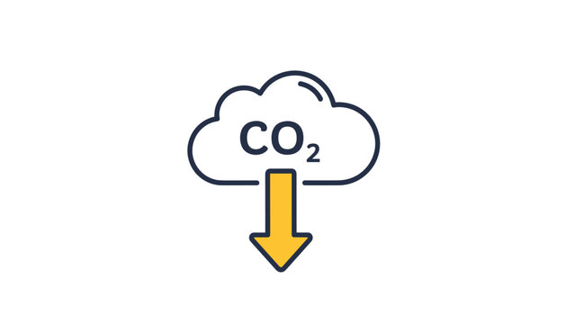 Carbon dioxide emission reduction concept with a CO2 cloud icon and a downward pointing yellow arrow for environmental care.
