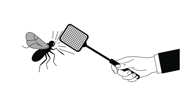 Hand holding a fly swatter about to hit a flying insect in an indoor pest control and hygiene concept for a clean environment.