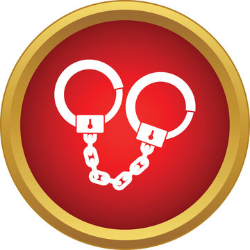 White handcuffs icon on a red and gold button symbolizing law enforcement and detention
