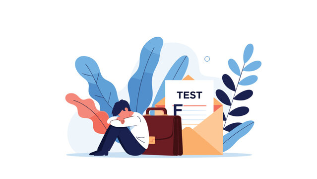 Student sitting on the floor looking sad and depressed after failing an exam or important test paper at school or college.