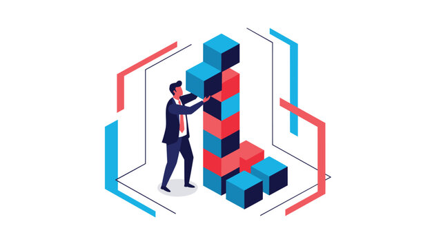 Successful business strategy concept shows professional man building tall tower from red and blue isometric blocks representing growth.