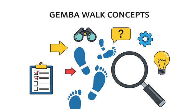 Gemba Walk Lean Management Icon Set, Workplace Observation and Inspection Symbols, Colorful Vector Icons for Industrial Leadership and Process Audit