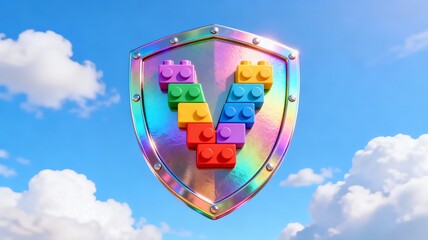 Naklejka premium Colorful Shield with Lego-style 'V' on Sky Background