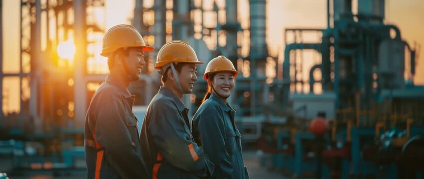 People wearing safety hat outside of factory