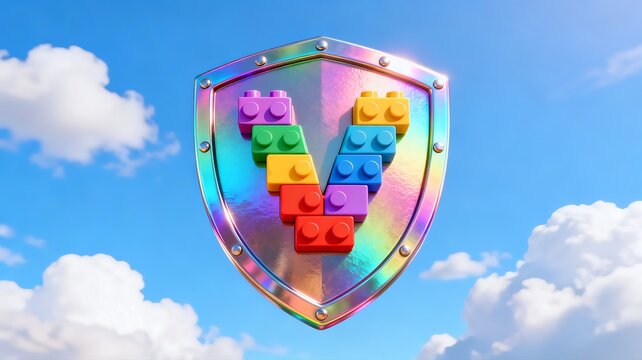 Colorful Shield with Lego-style 'V' on Sky Background