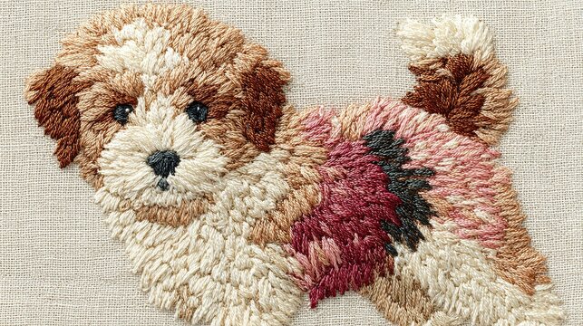 Ilustraci&oacute;n bordada de perro maltipoo sobre fondo blanco con textura artesanal de lana en colores marr&oacute;n, blanco y rosa