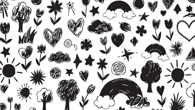 Whimsical black and white doodle pattern a playful collection of hand drawn shapes and natural motifs