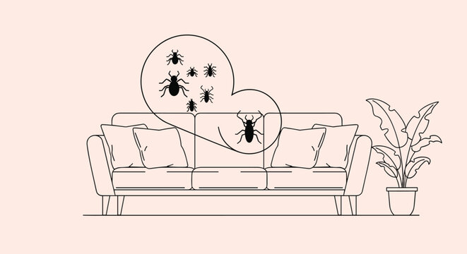 Line art illustration showing a sofa with a magnifying glass revealing bed bugs infestation in a modern living room.