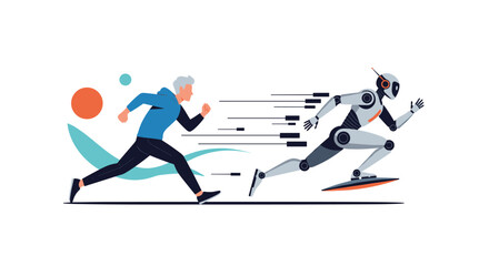 Fototapeta premium Comparison between a human athlete and a futuristic silver robot running fast against each other on a white background.
