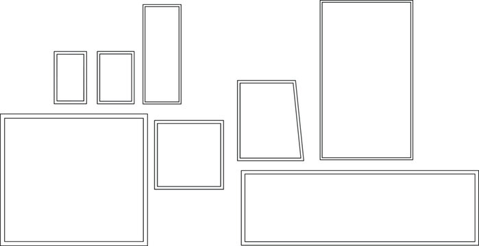 Minimalist black linear rectangular frames set on transparent background for creative layout design element vector image.