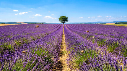 Obraz premium Symmetrical rows of blooming purple lavender leading to lone tree