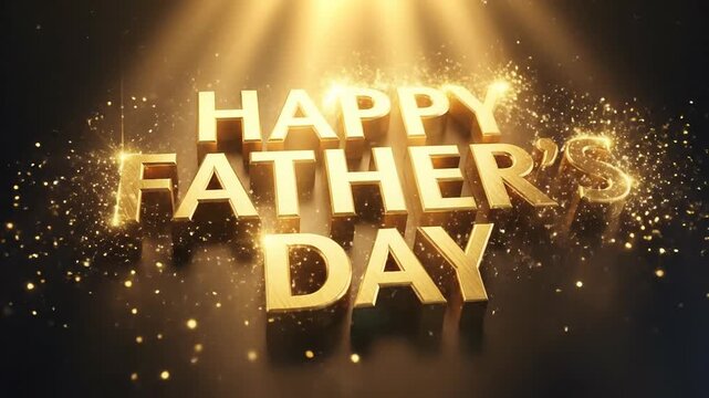 Gold glowing 3 d text "happy father's day" on dark gradient background, with light rays metallic