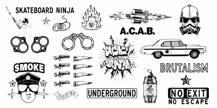 A collection of black and white sketches depicting rebellious imagery