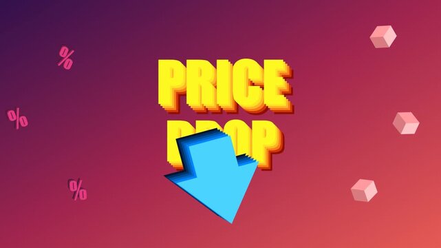 A bright blue arrow points to yellow price drop text on purple background with pink hexagons and percentage signs