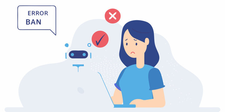 Woman facing technical difficulties with a robot and error messages