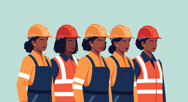 Group of five black female construction workers wearing orange safety vests and hard hats standing together confidently.