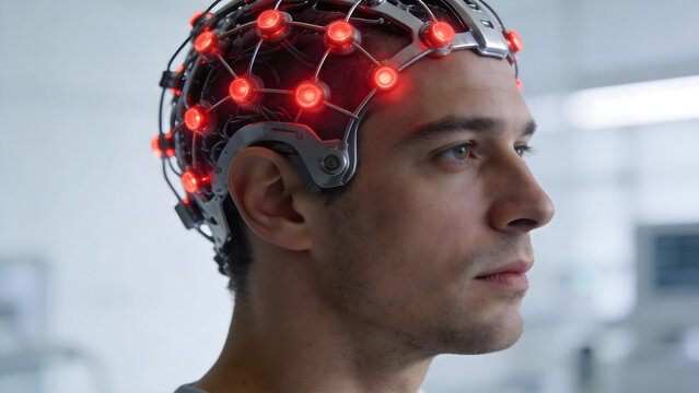 Man wearing brain scanning device