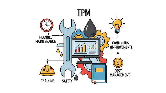 Total Productive Maintenance TPM Icon Set, Industrial Machine Repair Symbols, Colorful Vector Icons for Factory Maintenance and Lean Manufacturing