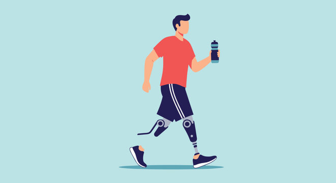 Resilient man with prosthetic leg jogger runs on blue background while holding water bottle for fitness and inclusion.