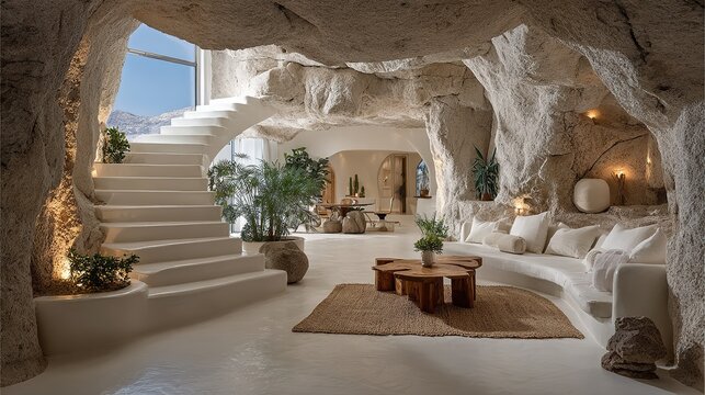 Impresionante escalera de caracol blanca en casa cueva luminosa con sal&oacute;n de lujo y grandes ventanales con vistas a la roca