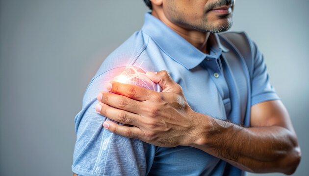 Close-up of a person holding a painful shoulder with highlighted joint anatomy, illustrating inflammation, rotator cuff injury, orthopedic conditions, rehabilitation, and pain management concepts.