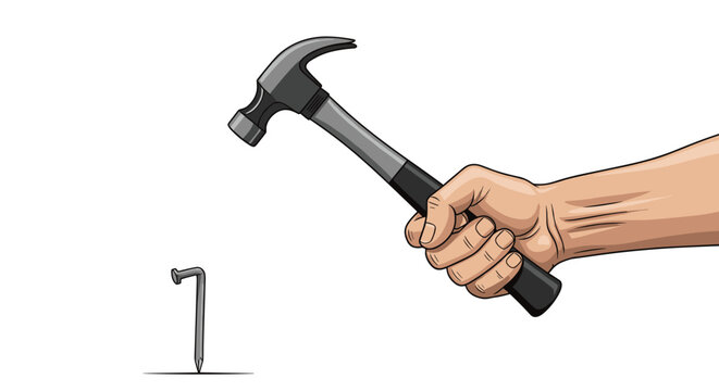Close up illustration of a human hand holding a hammer poised to strike a bent metal nail on a white background.
