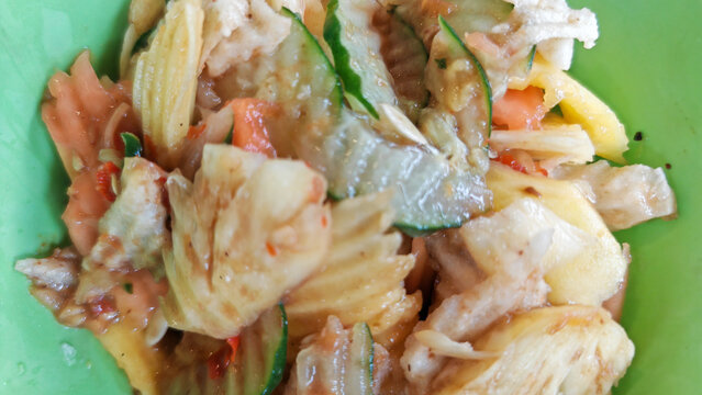 Indonesian Fruit Salad Rujak with Spicy Peanut Dressing, Pineapple and Cucumber