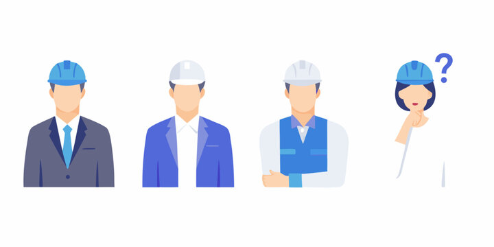 Four stylized worker avatars business medical construction and questioning