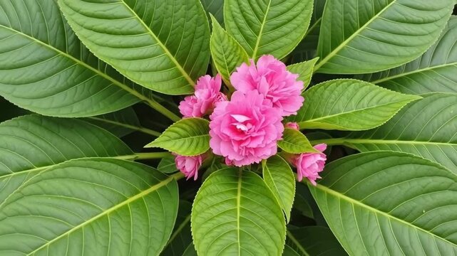 Vibrant pink flower blooming amidst lush green leaves in natural light