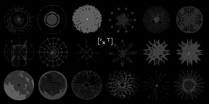 Collection of detailed grayscale illustrations resembling microscopic organisms