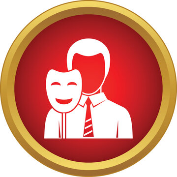 Conceptual illustration of a businessman hiding behind a theatrical mask symbolizing deceit and hypocrisy