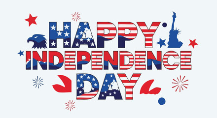 Happy Independence Day typography with patriotic American flag patterns and bald eagle silhouette in red white blue colors flat vector illustration for 4th of July celebration banner. © Any