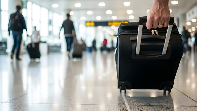 Close up of a hand pulling a black rolling suitcase in a terminal.