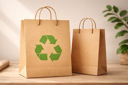 Eco kraft shopping bags with recycle logo, sustainable retail and green packaging concept
