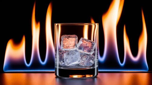 Glass with ice cubes in front of flames concept of heat and cold contrast