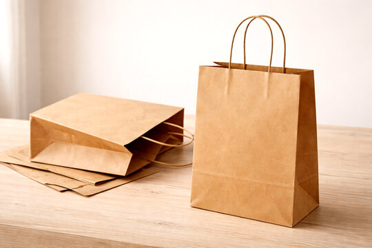 Open kraft paper shopping bags on wooden table, sustainable retail packaging mockup concept

