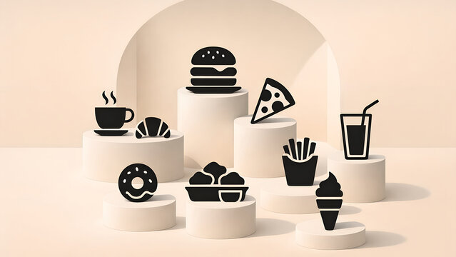 Minimal fast food icons with burger pizza coffee and dessert, modern restaurant menu concept
