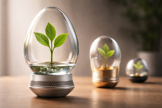 Futuristic eco plant capsules with glowing base, sustainable technology and green innovation concept
